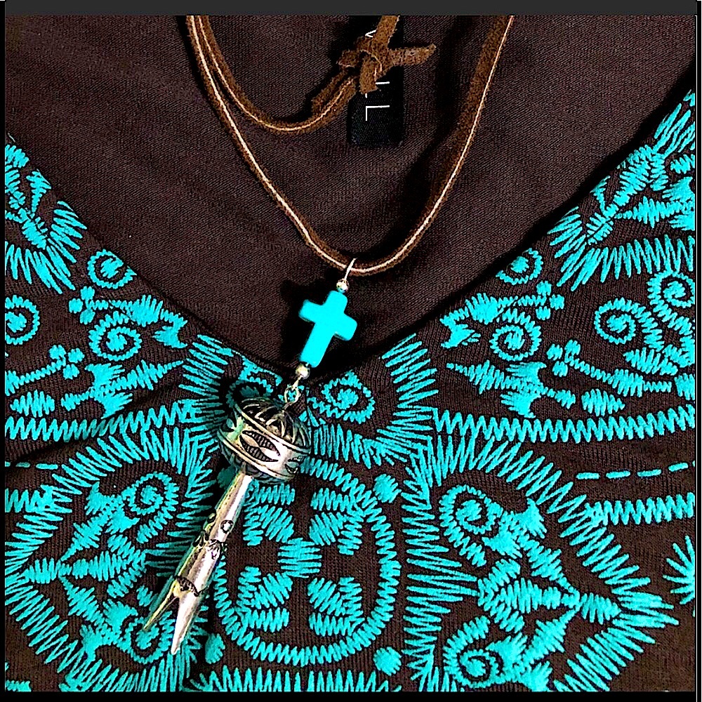 TURQUOISE CROSS SILVER SQUASH BLOSSOM LONG BROWN LEATHER NECKLACE TIE AS DESIRED - Picture 3 of 8